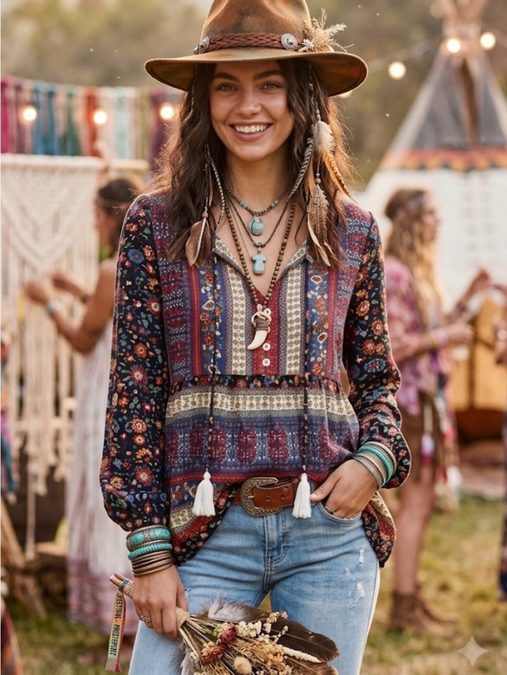 Bohemian  Floral Long Sleeve Top L